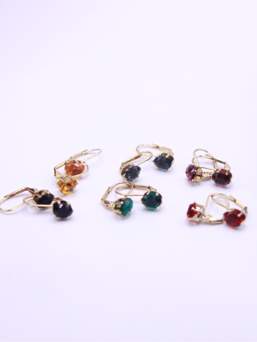6 pair of New Gold tone Leverback Earrings with Multi-Color Crystals
